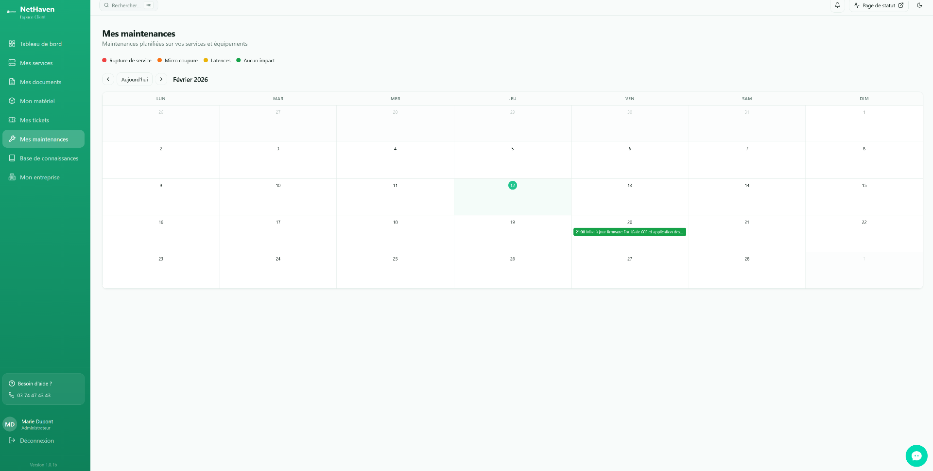 Calendrier des maintenances dans l'espace client NetHaven
